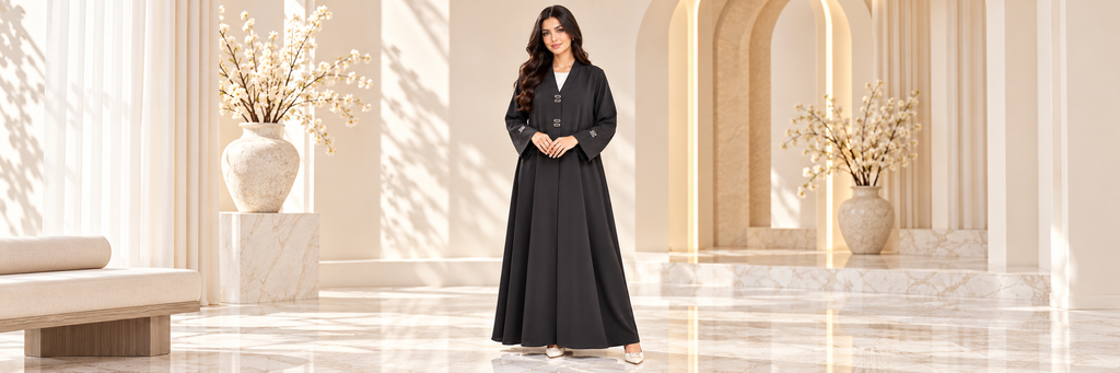 Minimal Logo Detail Black Nida Open Abaya - AF1048 - Black - View 6