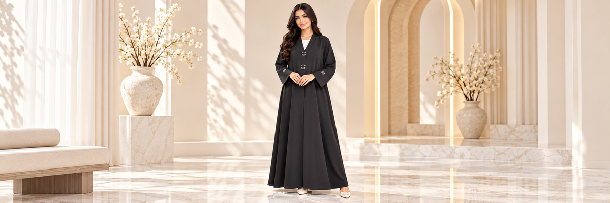 Minimal Logo Detail Black Nida Open Abaya - AF1048 - Black - View 6