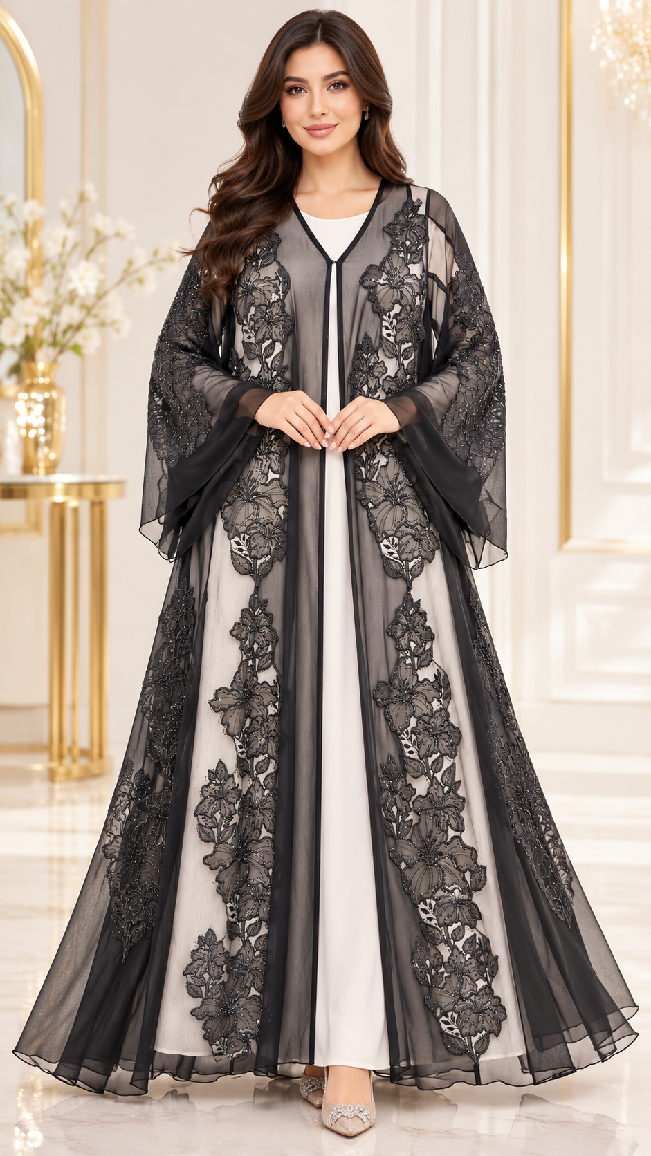 Floral Panel Embroidered Sheer Black Open Abaya - AF1049 - Black - View 1