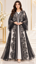 Floral Panel Embroidered Sheer Black Open Abaya - AF1049 - Black - View 1