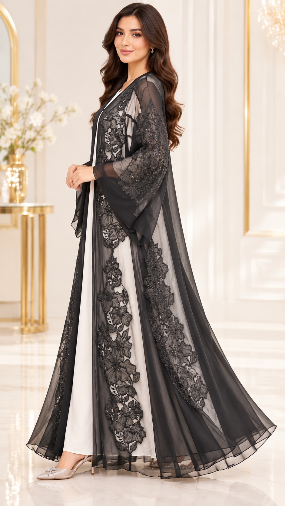Floral Panel Embroidered Sheer Black Open Abaya - AF1049 - Black - View 2