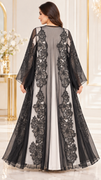 Floral Panel Embroidered Sheer Black Open Abaya - AF1049 - Black - View 3
