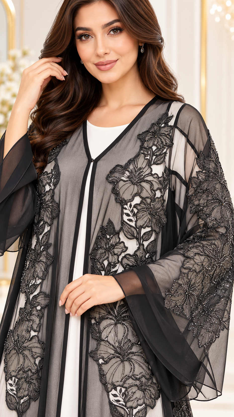 Floral Panel Embroidered Sheer Black Open Abaya - AF1049 - Black - View 4