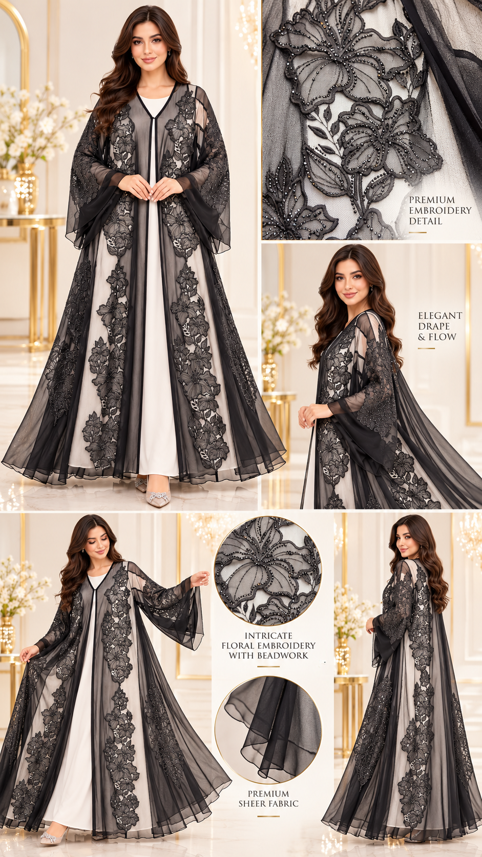 Floral Panel Embroidered Sheer Black Open Abaya - AF1049 - Black - View 5