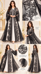 Floral Panel Embroidered Sheer Black Open Abaya - AF1049 - Black - View 5