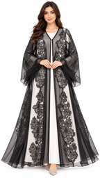 Floral Panel Embroidered Sheer Black Open Abaya - AF1049 - Black - View 7