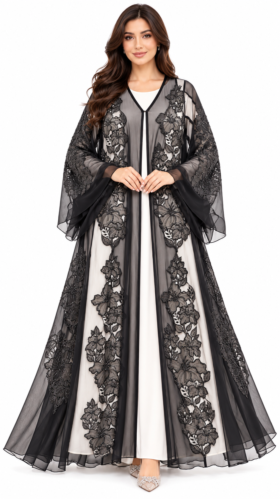 Floral Panel Embroidered Sheer Black Open Abaya - AF1049 - Black - View 7