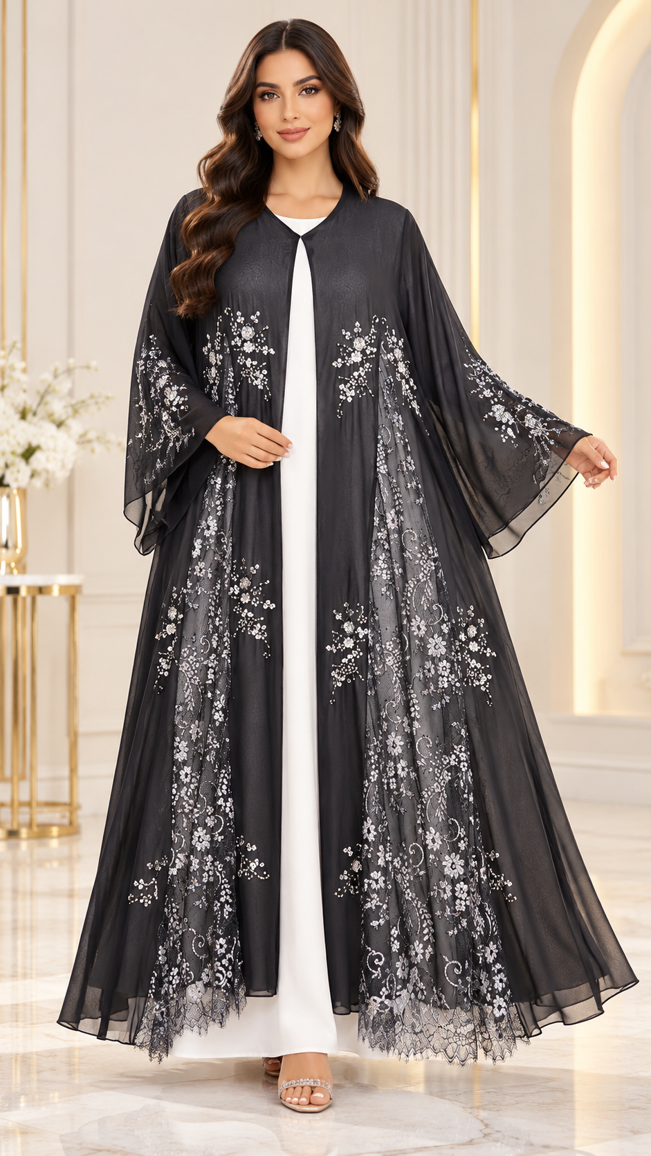Silver Floral Dantel Joree Black Open Abaya - AF1050 - Black - View 1