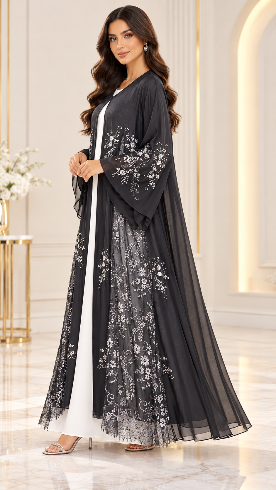 Silver Floral Dantel Joree Black Open Abaya - AF1050 - Black - View 2