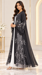 Silver Floral Dantel Joree Black Open Abaya - AF1050 - Black - View 2
