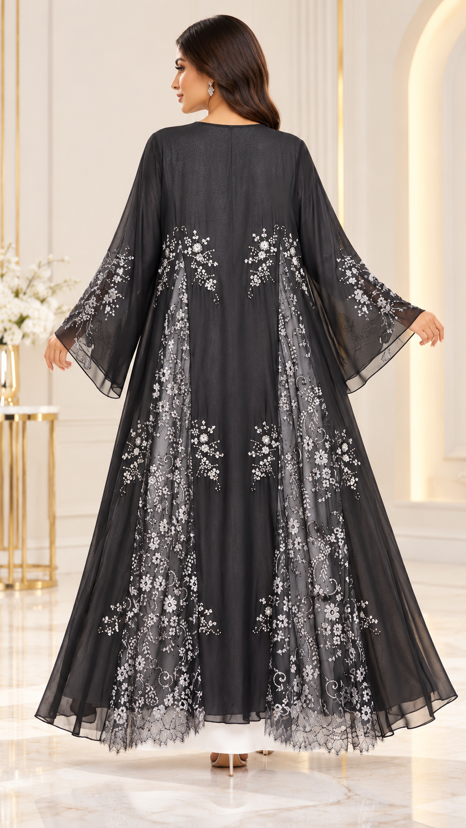 Silver Floral Dantel Joree Black Open Abaya - AF1050 - Black - View 3