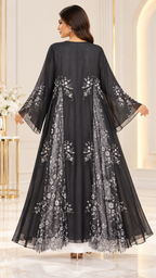 Silver Floral Dantel Joree Black Open Abaya - AF1050 - Black - View 3