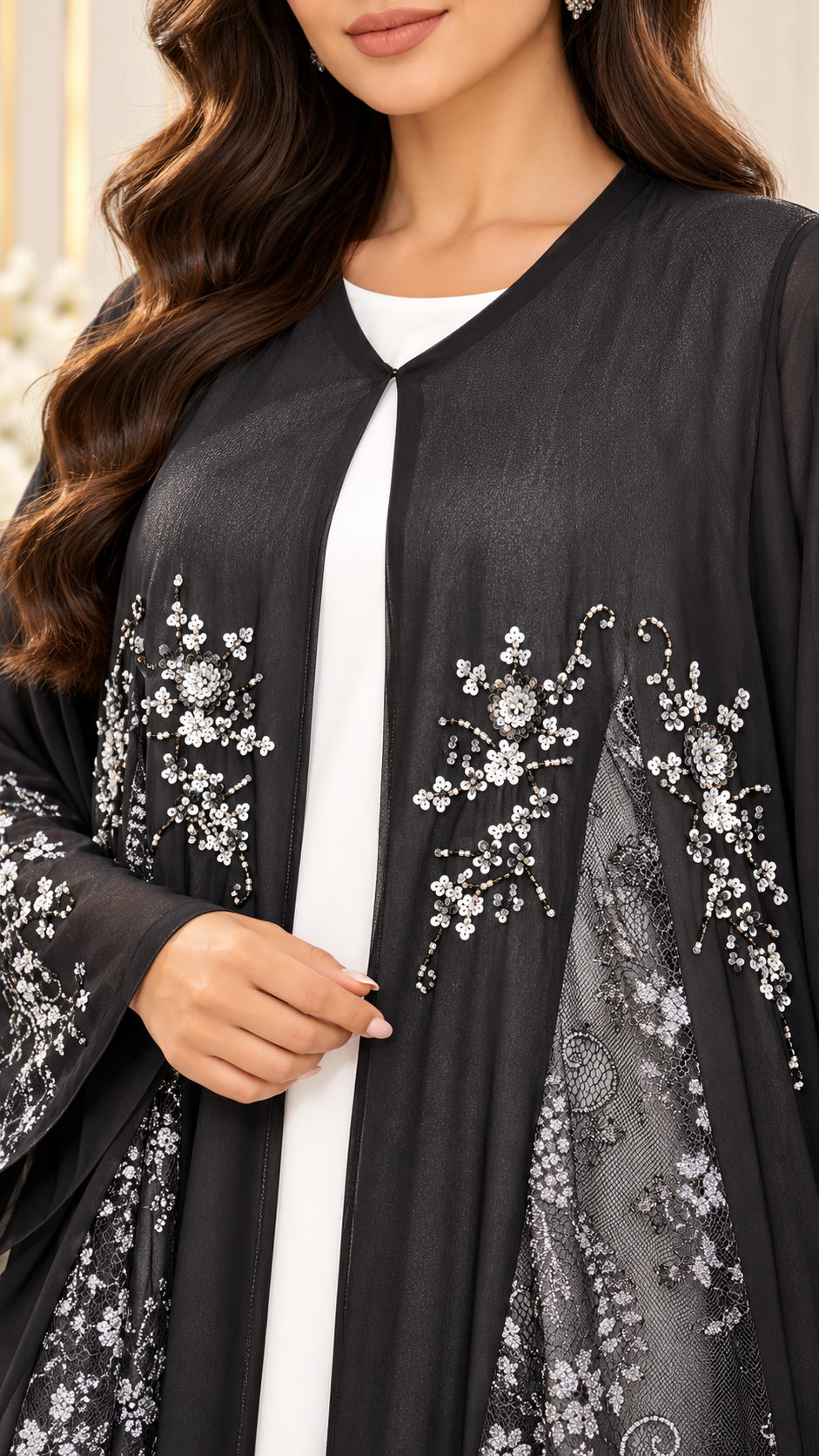 Silver Floral Dantel Joree Black Open Abaya - AF1050 - Black - View 4