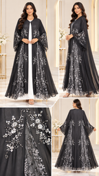 Silver Floral Dantel Joree Black Open Abaya - AF1050 - Black - View 5