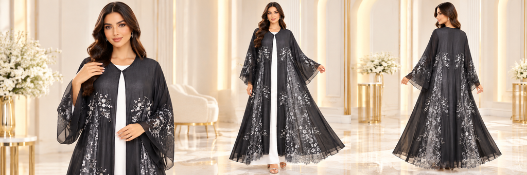 Silver Floral Dantel Joree Black Open Abaya - AF1050 - Black - View 6