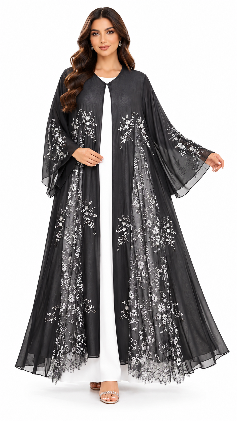 Silver Floral Dantel Joree Black Open Abaya - AF1050 - Black - View 7