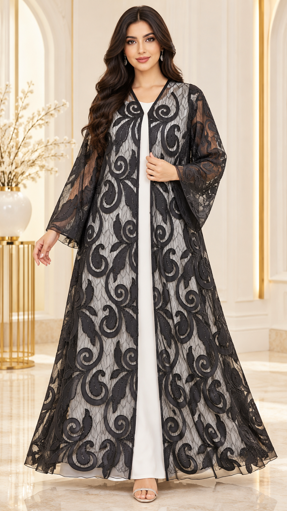 Swirling Leaf Dantel Sheer Black Open Abaya - AF1051 - Black - View 1