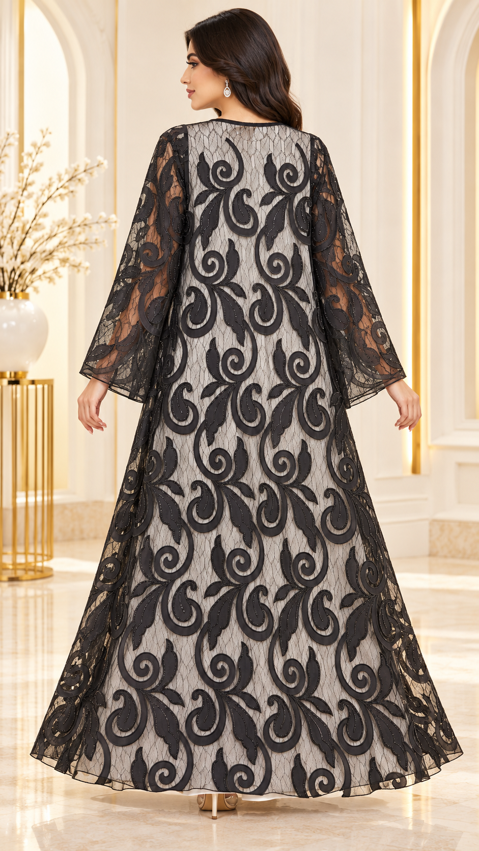 Swirling Leaf Dantel Sheer Black Open Abaya - AF1051 - Black - View 3