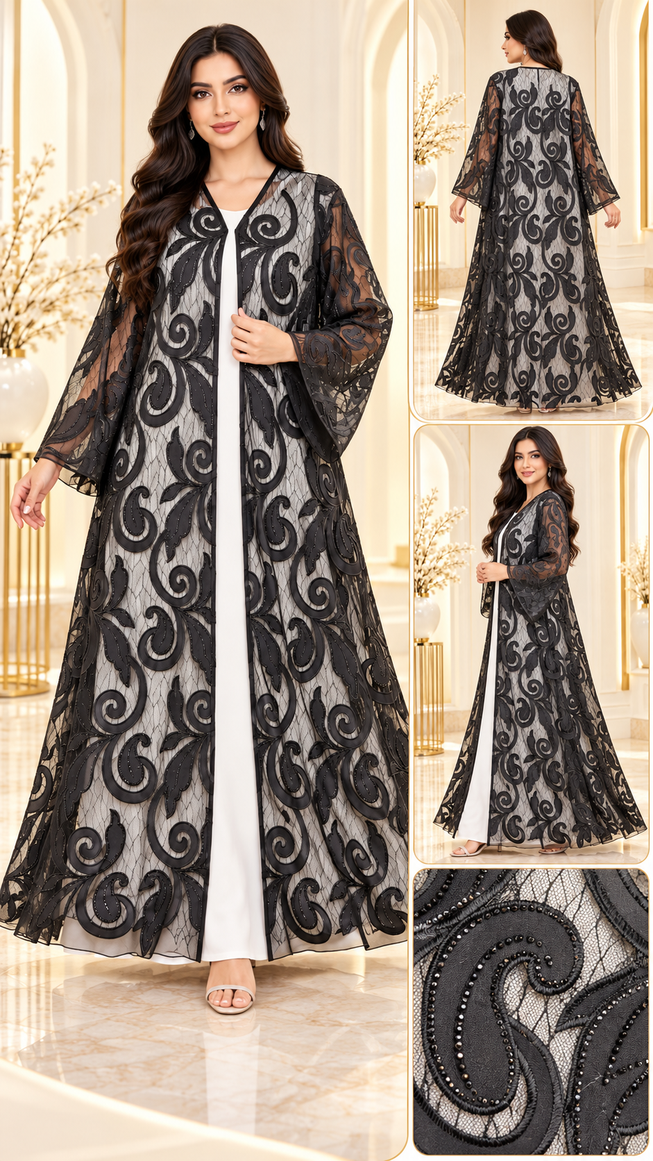 Swirling Leaf Dantel Sheer Black Open Abaya - AF1051 - Black - View 5