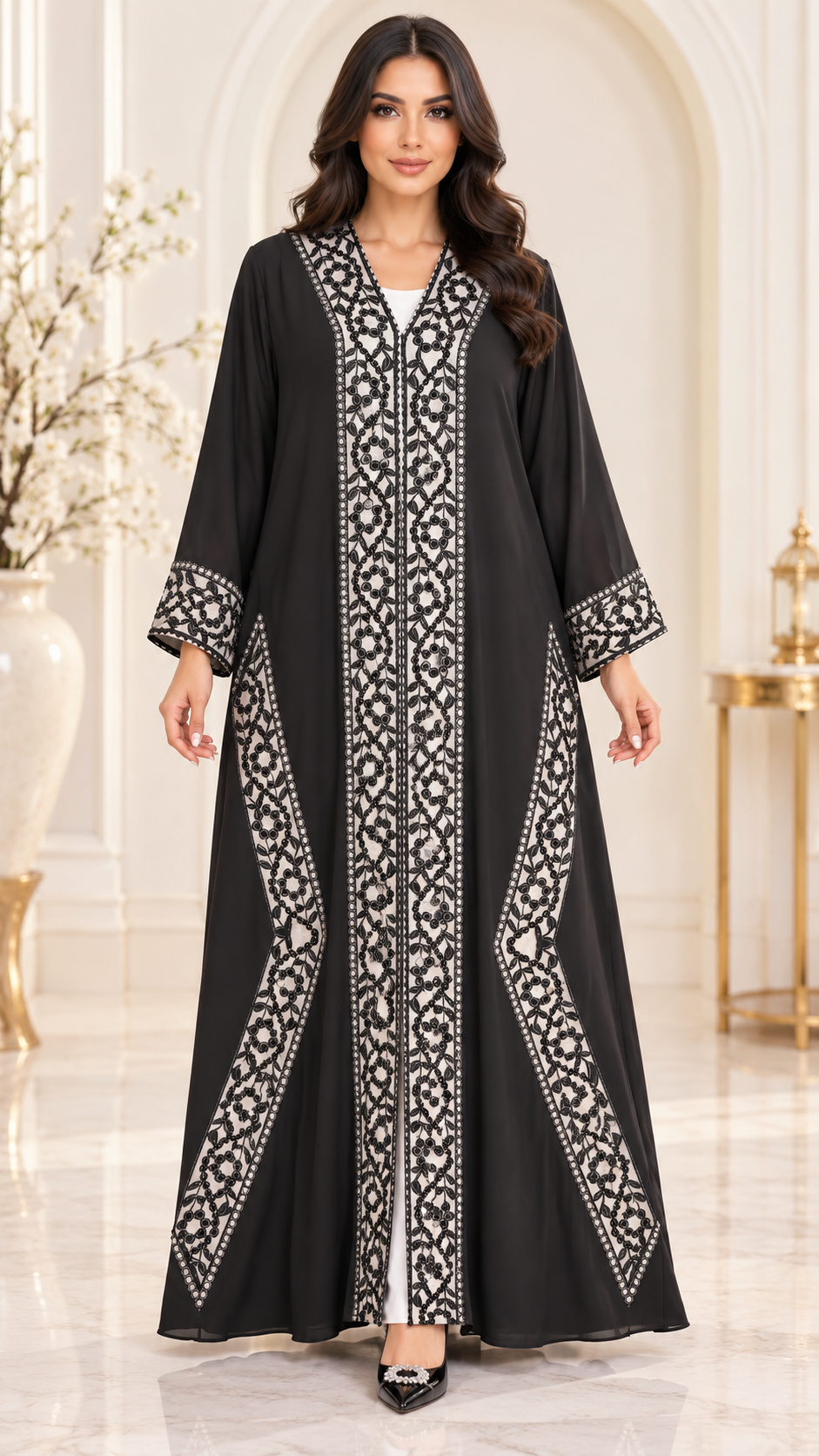 Floral Border Laser-Cut Nida Open Abaya - AF1052 - Black - View 1