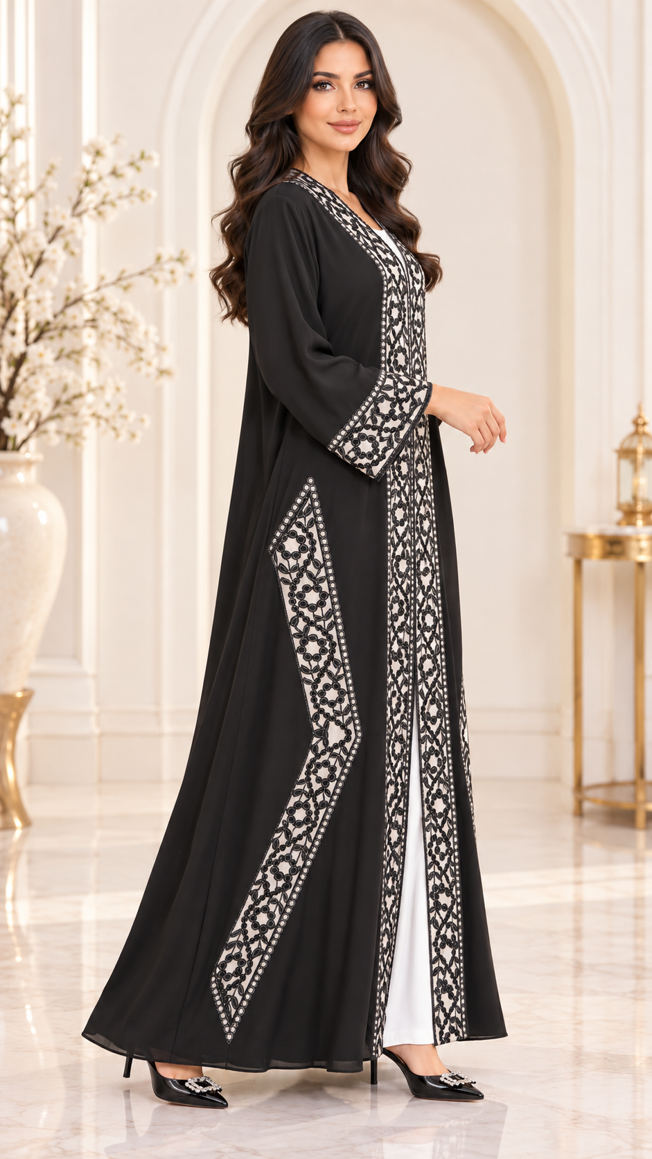 Floral Border Laser-Cut Nida Open Abaya - AF1052 - Black - View 2