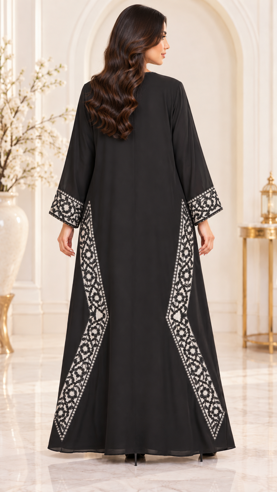 Floral Border Laser-Cut Nida Open Abaya - AF1052 - Black - View 3