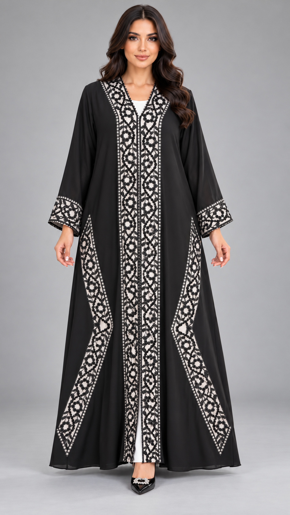 Floral Border Laser-Cut Nida Open Abaya - AF1052 - Black - View 5
