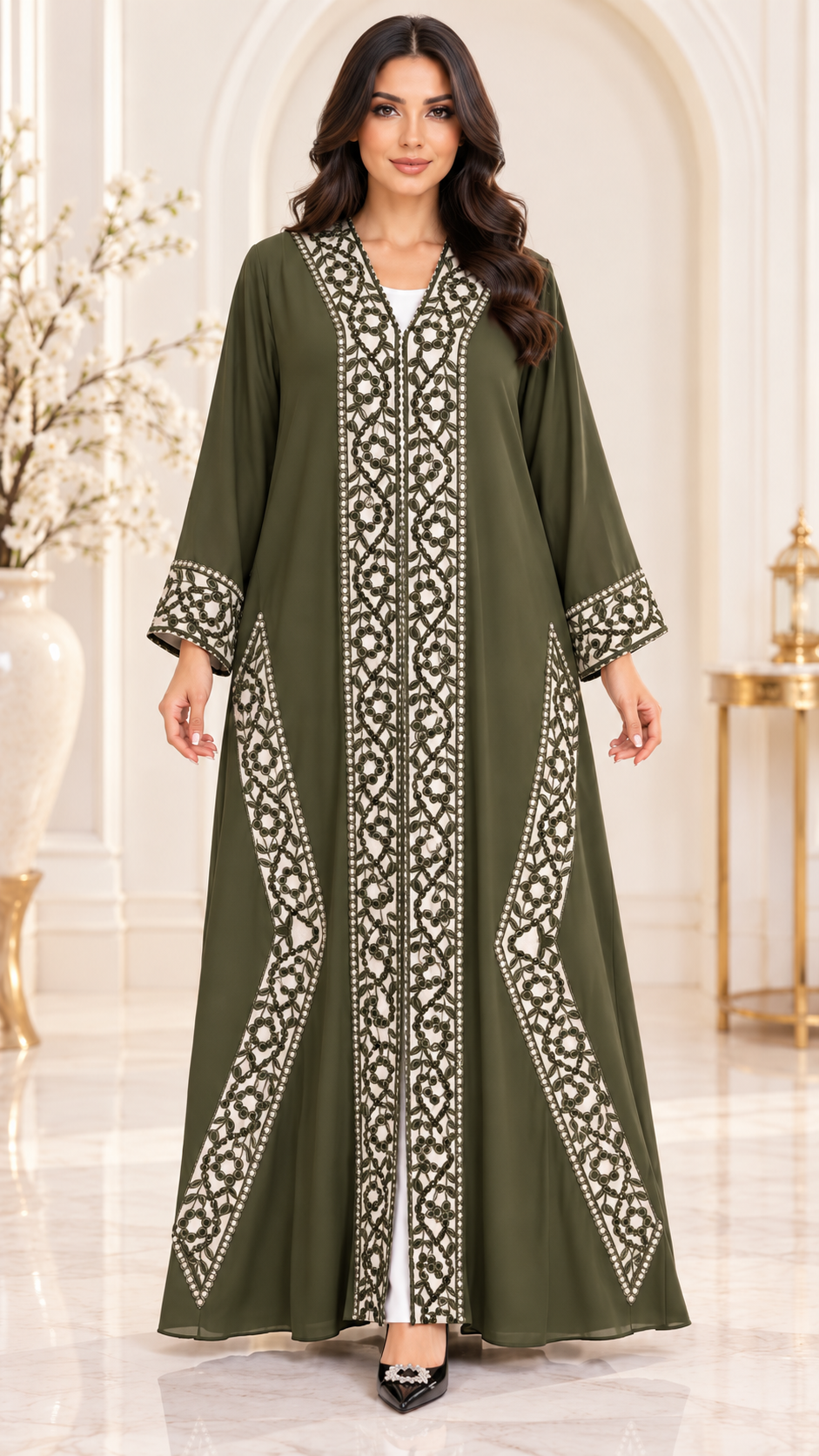 Floral Border Laser-Cut Nida Open Abaya - AF1052 - Olive Green - View 6
