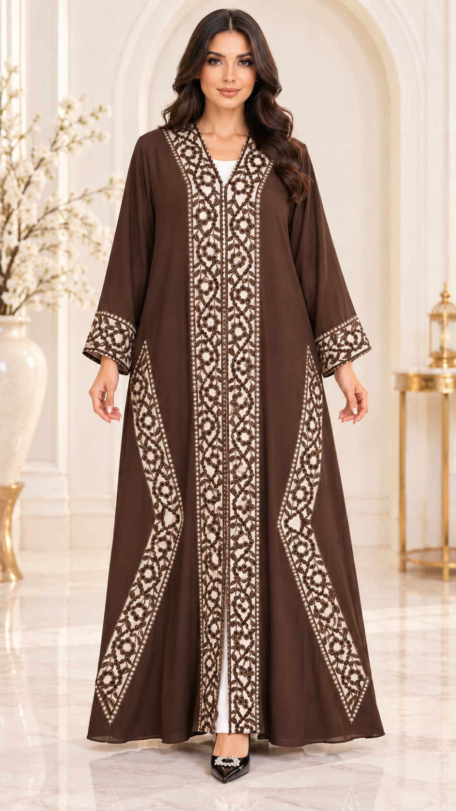 Floral Border Laser-Cut Nida Open Abaya - AF1052 - Brown - View 7