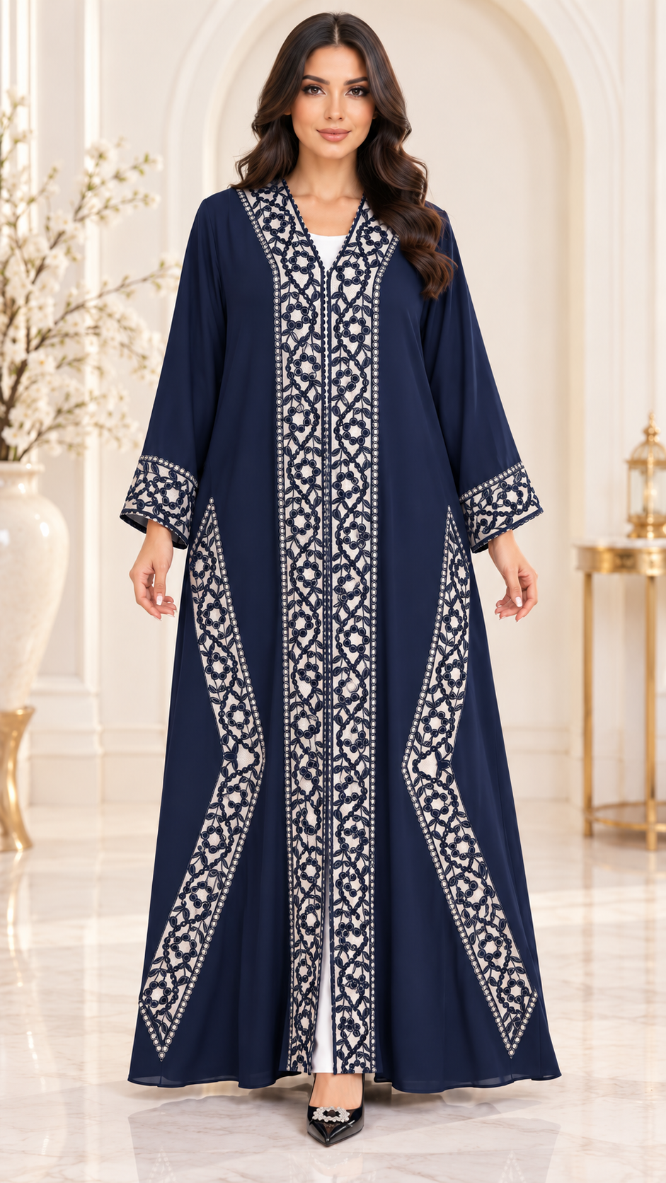 Floral Border Laser-Cut Nida Open Abaya - AF1052 - Navy Blue - View 8