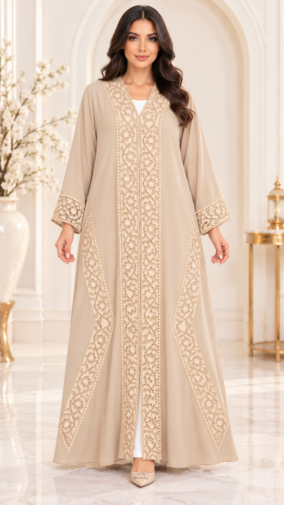 Floral Border Laser-Cut Nida Open Abaya - AF1052 - Beige - View 9