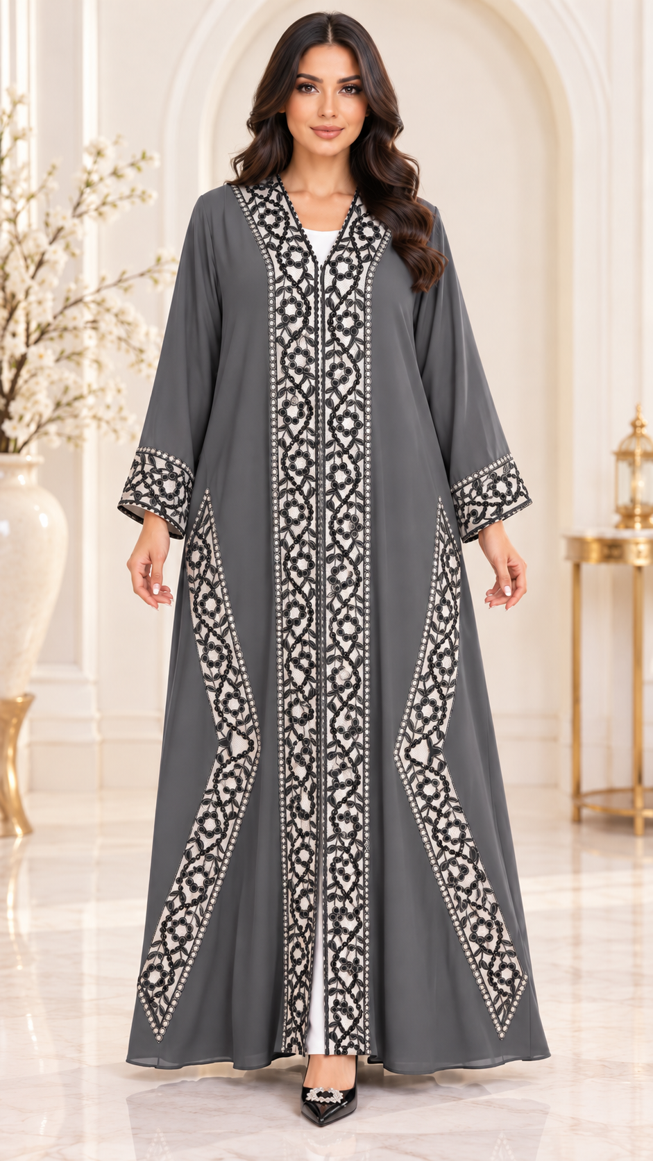 Floral Border Laser-Cut Nida Open Abaya - AF1052 - Grey - View 10