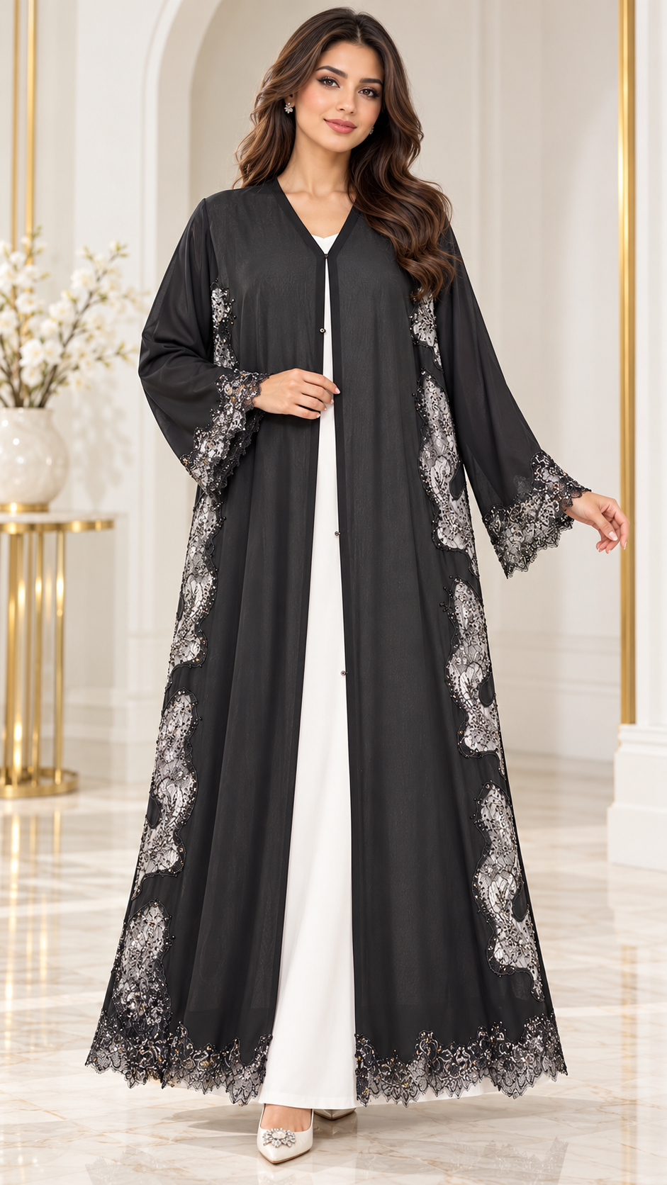 Wavy Floral Joree Dantel Open Abaya - AF1053 - Black - View 1
