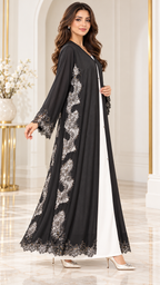 Wavy Floral Joree Dantel Open Abaya - AF1053 - Black - View 2