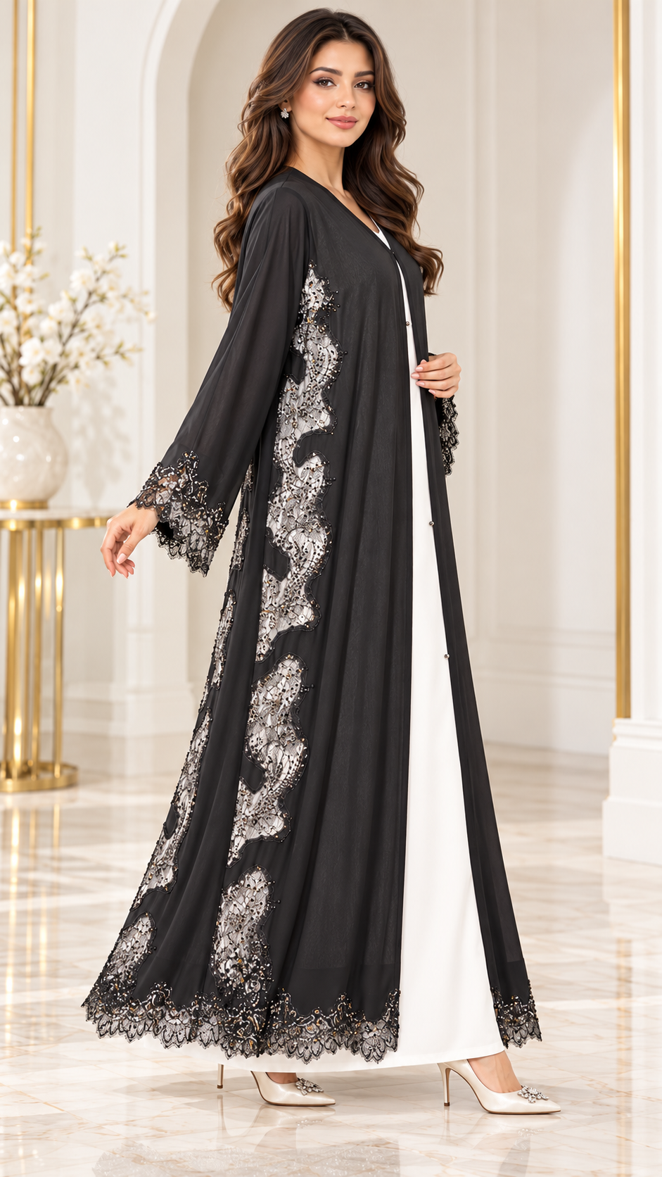 Wavy Floral Joree Dantel Open Abaya - AF1053 - Black - View 2