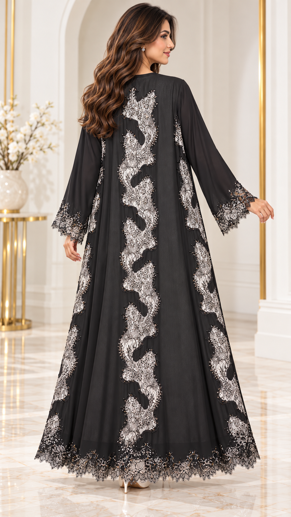 Wavy Floral Joree Dantel Open Abaya - AF1053 - Black - View 3