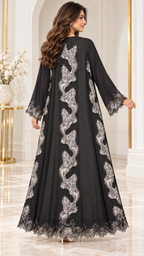 Wavy Floral Joree Dantel Open Abaya - AF1053 - Black - View 3