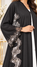 Wavy Floral Joree Dantel Open Abaya - AF1053 - Black - View 4