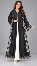 Wavy Floral Joree Dantel Open Abaya - AF1053 - Black - View 5