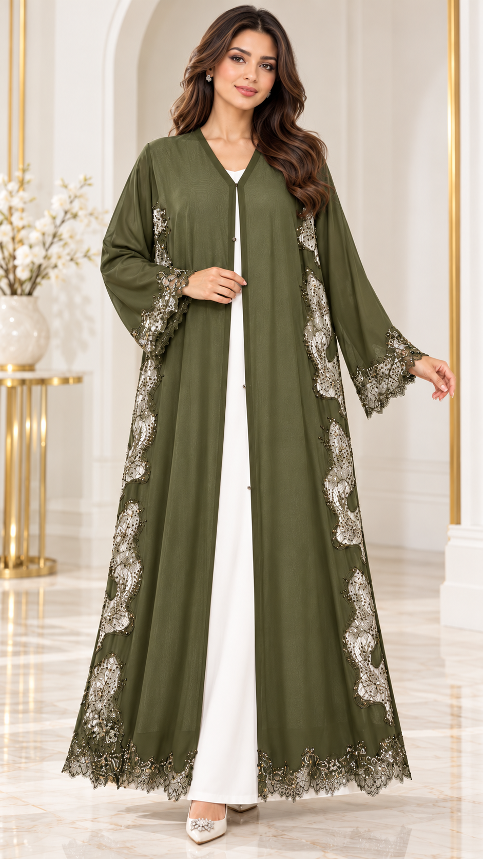 Wavy Floral Joree Dantel Open Abaya - AF1053 - Olive Green - View 6