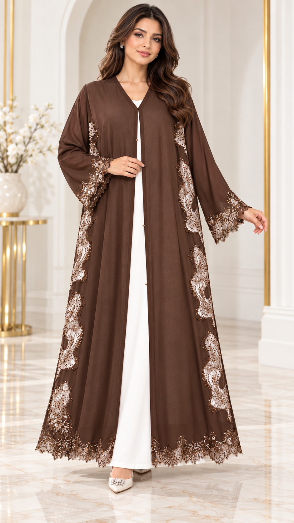 Wavy Floral Joree Dantel Open Abaya - AF1053 - Brown - View 7