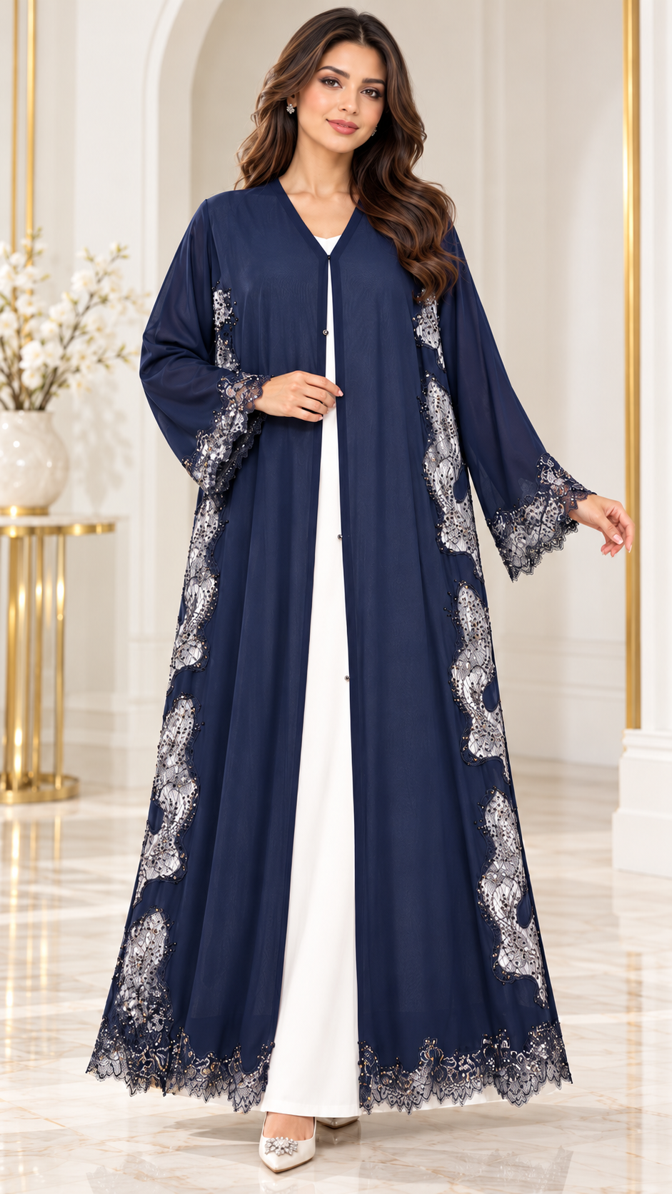 Wavy Floral Joree Dantel Open Abaya - AF1053 - Navy Blue - View 8