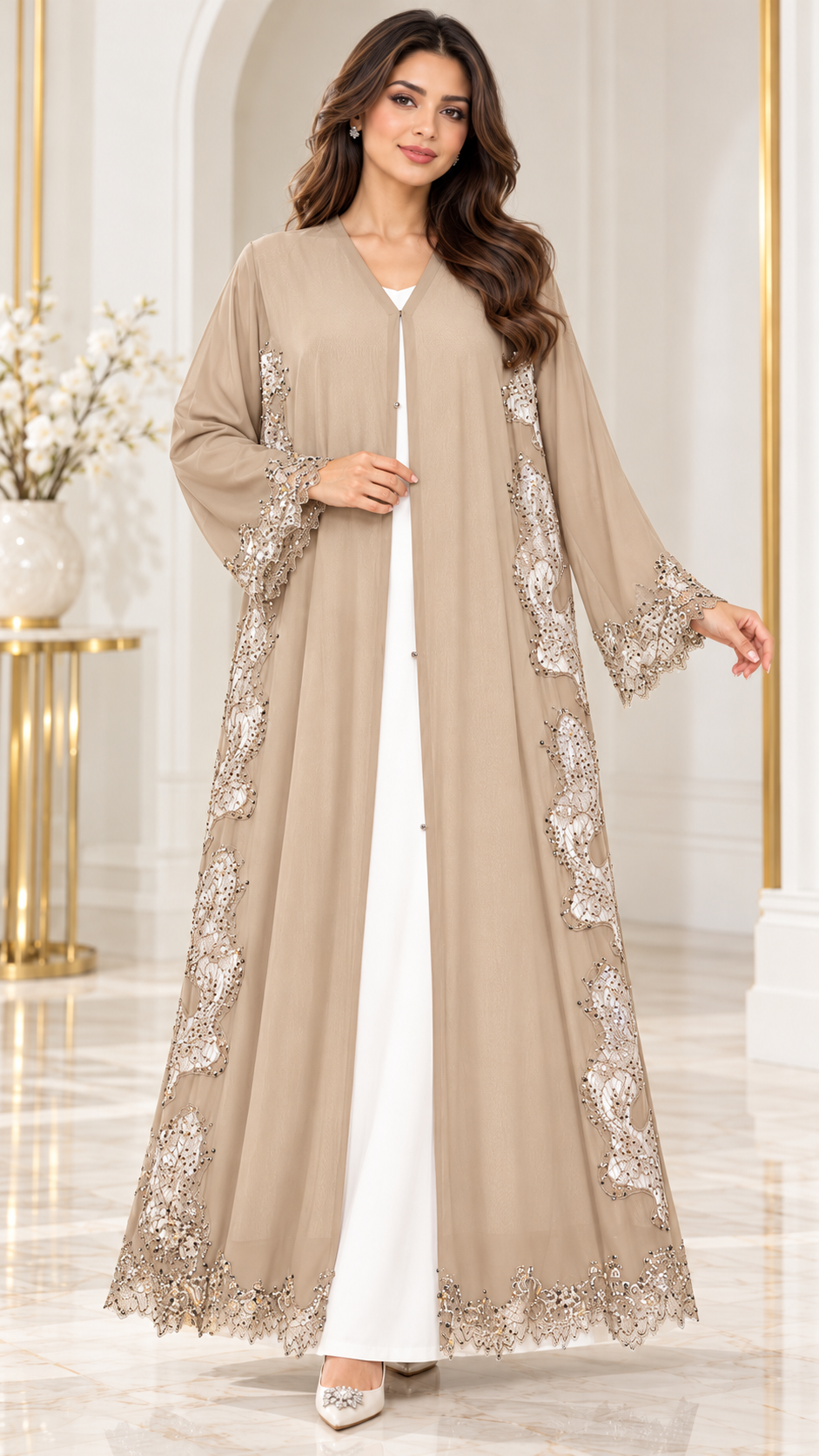 Wavy Floral Joree Dantel Open Abaya - AF1053 - Beige - View 9
