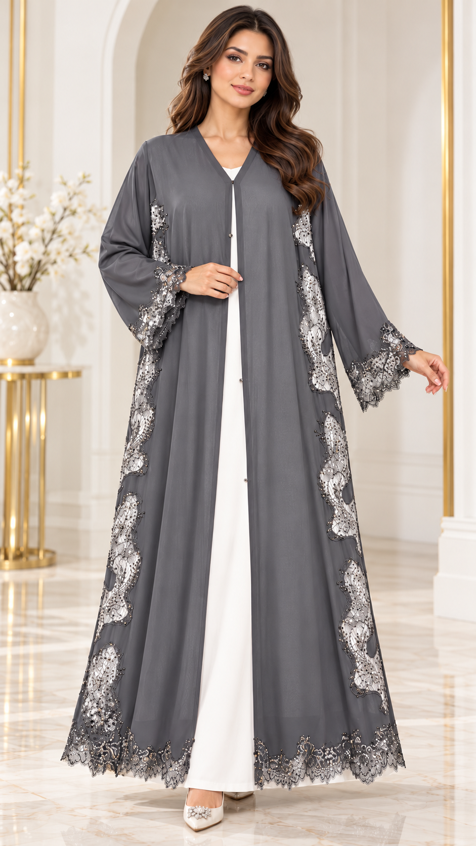 Wavy Floral Joree Dantel Open Abaya - AF1053 - Grey - View 10