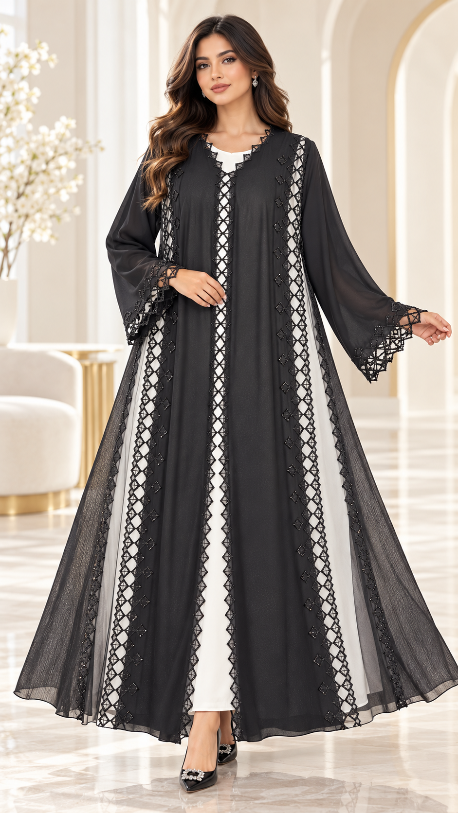 Lattice Lace Sheer-Panel Open Abaya - AF1054 - Black - View 1