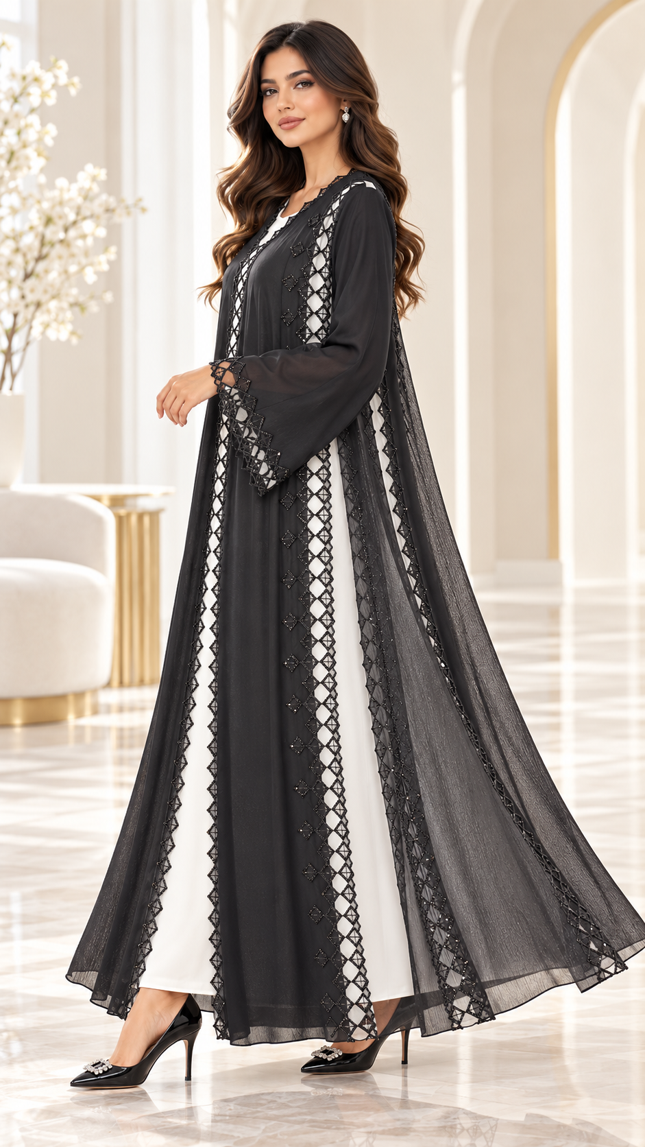 Lattice Lace Sheer-Panel Open Abaya - AF1054 - Black - View 2