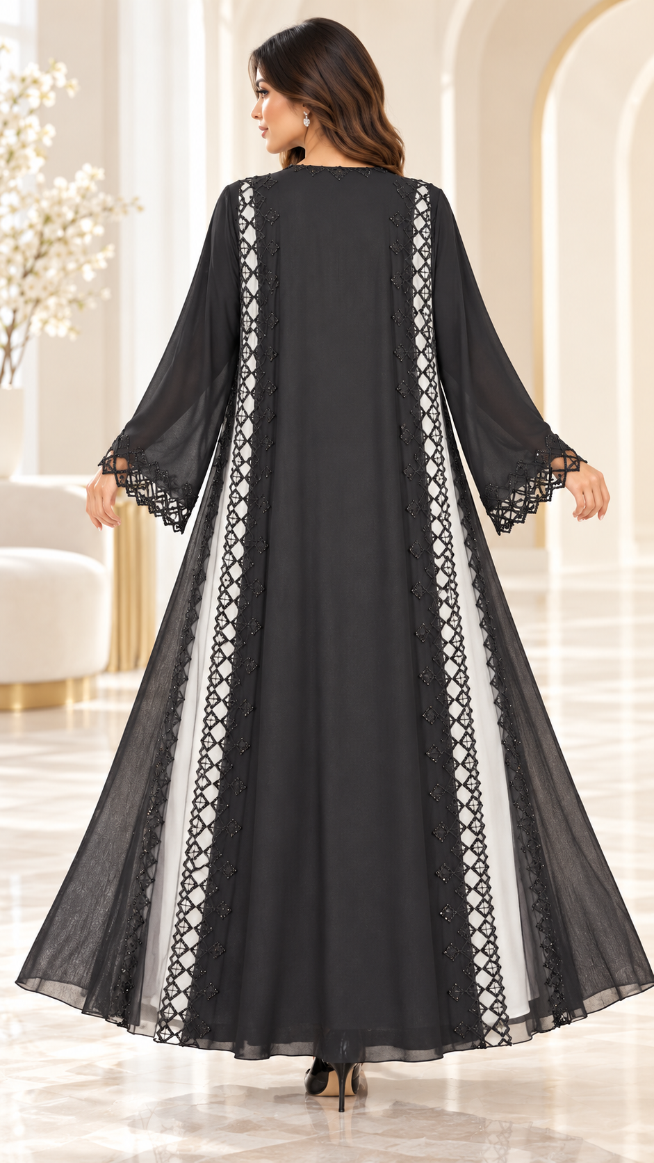 Lattice Lace Sheer-Panel Open Abaya - AF1054 - Black - View 3
