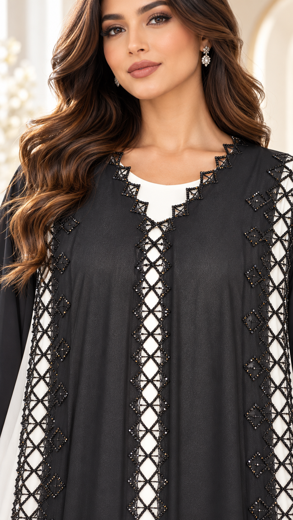 Lattice Lace Sheer-Panel Open Abaya - AF1054 - Black - View 4