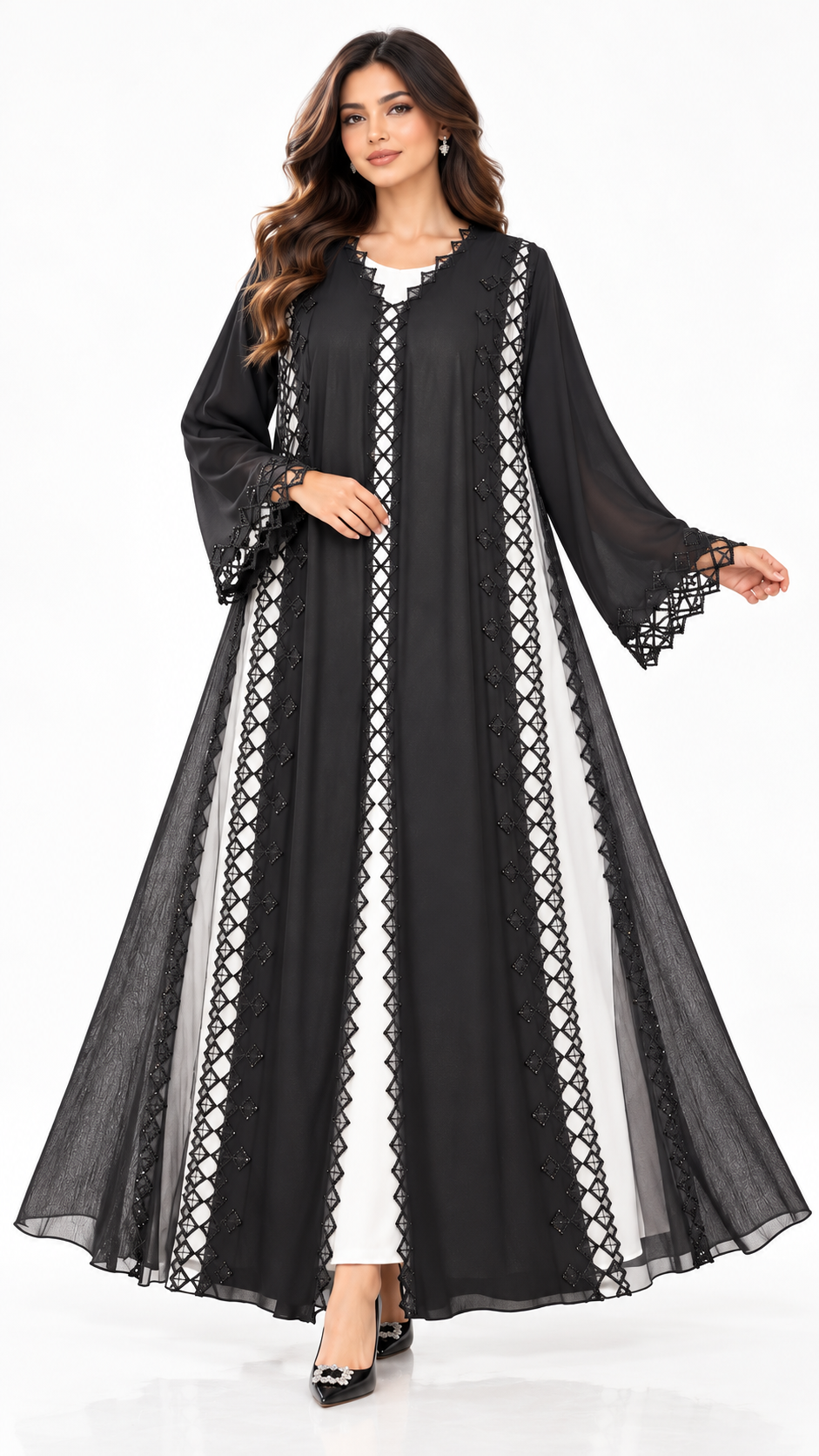 Lattice Lace Sheer-Panel Open Abaya - AF1054 - Black - View 5