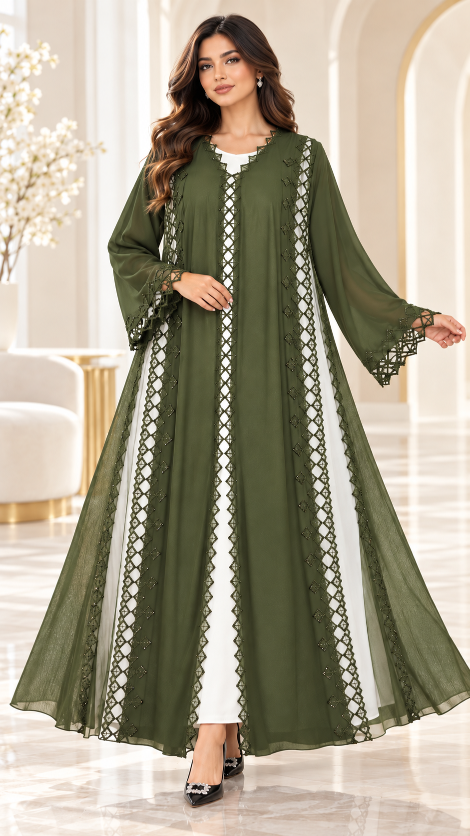 Lattice Lace Sheer-Panel Open Abaya - AF1054 - Olive Green - View 6